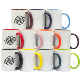 Caneca de Cerâmica Personalizada com Logo 325ml Interna e Alça Colorida