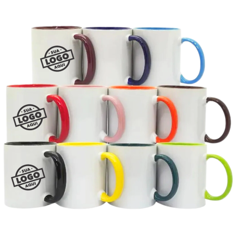 Caneca de Cerâmica Personalizada com Logo 325ml Interna e Alça Colorida
