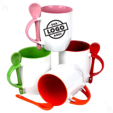 Caneca de Cerâmica Personalizada com Logomarca 325ml Interna e Alça Com Colher Colorida