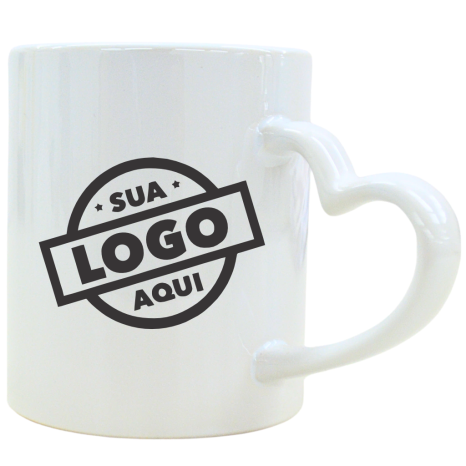 Caneca de Cerâmica Personalizada com Logo 325ml Alça Coração