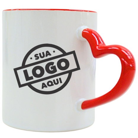 Caneca de Cerâmica Personalizada com Logo 325ml Alça Coração
