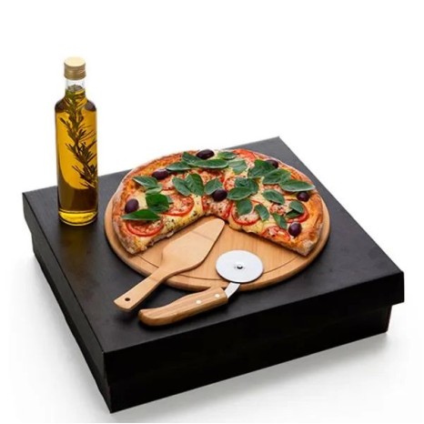 Kit para Pizza com Garrafa Bambu / Inox / Vidro 4 Pçs Personalizado