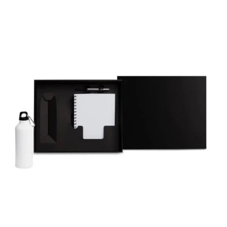 Kit com Squeeze, Caneta e Caderno Branco 3 Pçs Personalizado