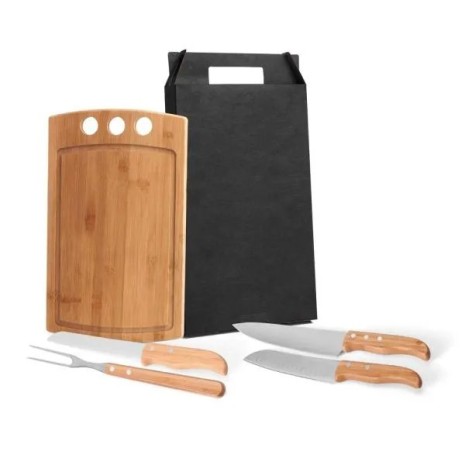 Conjunto para Churrasco e Cozinha em Bambu / Madeira / Inox 5 Pçs Personalizado