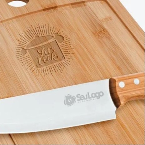 Kit para Churrasco em Bambu / Madeira / Inox 3 Pçs Personalizado