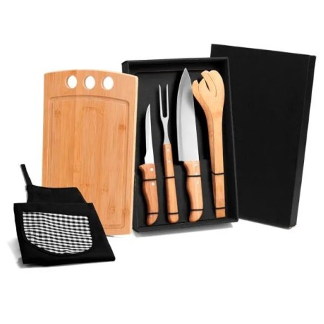 Kit para Churrasco em Bambu / Madeira / Inox com Avental 6 Pçs Personalizado