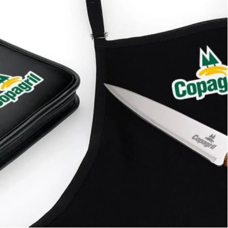 Kit Garfo, Faca Inox/Bambu com Estojo e Avental 4 Pçs Personalizado
