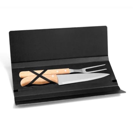 Conjunto de Garfo e Faca Inox / Madeira com Estojo Preto 3 Pçs Personalizado