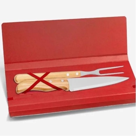 Conjunto de Garfo e Faca Inox / Madeira / Bambu com Estojo Vermelho 3 Pçs Personalizado