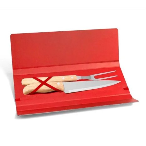 Kit Garfo e Faca Inox / Madeira com Estojo Vermelho 3 Pçs Personalizado